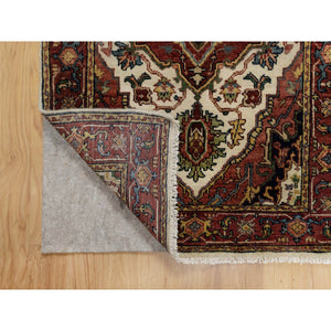 2'7"x6'2" Chiffon White with Red, Hand Spun New Zealand Wool, Antiqued Fine Heriz Re-Creation with Medallion Design, Denser Weave, Hand Knotted, Runner, Oriental Rug FWR546666
