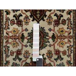 2'7"x6'2" Chiffon White with Red, Hand Spun New Zealand Wool, Antiqued Fine Heriz Re-Creation with Medallion Design, Denser Weave, Hand Knotted, Runner, Oriental Rug FWR546666