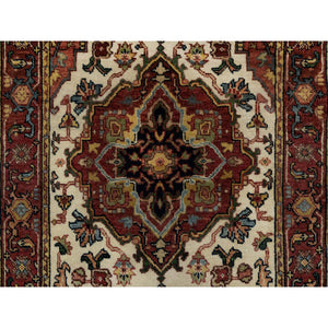 2'7"x6'2" Chiffon White with Red, Hand Spun New Zealand Wool, Antiqued Fine Heriz Re-Creation with Medallion Design, Denser Weave, Hand Knotted, Runner, Oriental Rug FWR546666