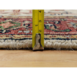 2'7"x6'2" Chiffon White with Red, Hand Spun New Zealand Wool, Antiqued Fine Heriz Re-Creation with Medallion Design, Denser Weave, Hand Knotted, Runner, Oriental Rug FWR546666