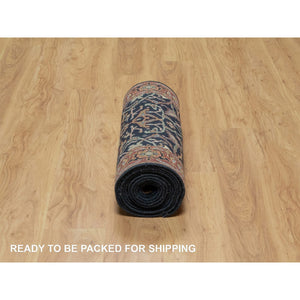 2'6"x14'1" Polo Blue, Denser Weave, Hand Knotted, Lush and Plush, Antiqued Fine Heriz Re-Creation, Soft and Velvety Wool, XL Runner, Oriental Rug FWR546690