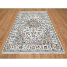 Load image into Gallery viewer, 5&#39;10&quot;x9&#39;2&quot; Pearl White, 250 Kpsi, Hand Knotted, Nain With Flower Medallion Design, Wool And Silk, Oriental Rug FWR546750