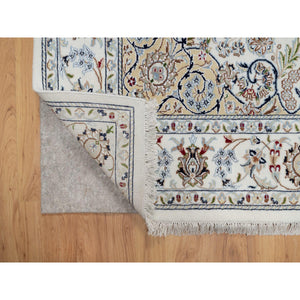 5'10"x9'2" Pearl White, 250 Kpsi, Hand Knotted, Nain With Flower Medallion Design, Wool And Silk, Oriental Rug FWR546750