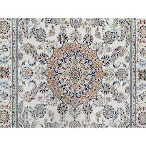 5'10"x9'2" Pearl White, 250 Kpsi, Hand Knotted, Nain With Flower Medallion Design, Wool And Silk, Oriental Rug FWR546750