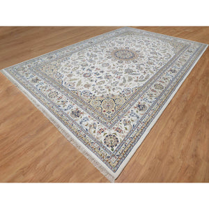 11'9"x18'1" Floral White, 250 Kpsi, Nain With Flower Medallion Design, Hand Knotted, Wool And Silk, Oversized, Oriental Rug FWR546762