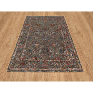 5'x7' Cedar Brown, Persian Scrolls Leaf and Flower Design, Striae Pattern, Hand Knotted, Textured Wool and Silk, Oriental Rug FWR546798