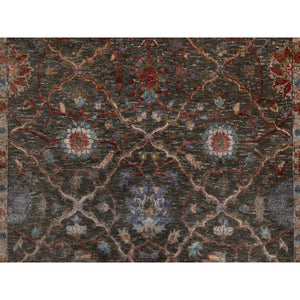 5'x7' Cedar Brown, Persian Scrolls Leaf and Flower Design, Striae Pattern, Hand Knotted, Textured Wool and Silk, Oriental Rug FWR546798