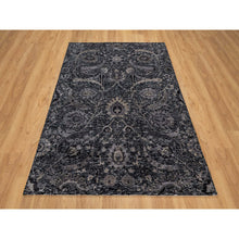 Load image into Gallery viewer, 4&#39;10&quot;x7&#39; Phantom Black, Hand Knotted, Sickle Leaf Design, Soft Pile, Lush and Plush, Wool and Silk, Oriental Rug FWR546810