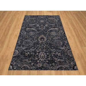 4'10"x7' Phantom Black, Hand Knotted, Sickle Leaf Design, Soft Pile, Lush and Plush, Wool and Silk, Oriental Rug FWR546810