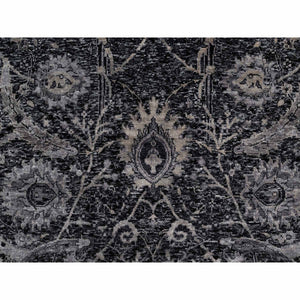4'10"x7' Phantom Black, Hand Knotted, Sickle Leaf Design, Soft Pile, Lush and Plush, Wool and Silk, Oriental Rug FWR546810