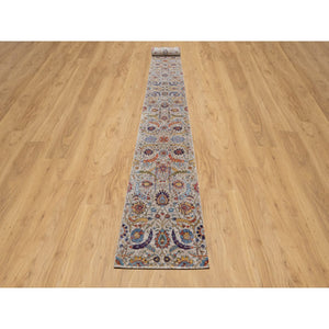 2'5"x26' Chiffon White, Silk with Textured Wool, Hand Knotted, Sickle Leaf Design, Borderless, XL Runner, Oriental Rug FWR546954