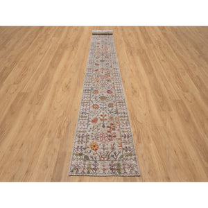 2'7"x23'9" Rice White With Brown, Hand Knotted, Directional Vase Design, Silk With Textured Wool, Xl Runner, Oriental Rug FWR546960