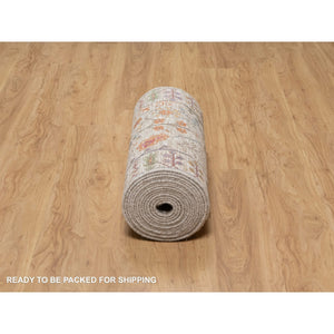 2'7"x23'9" Rice White With Brown, Hand Knotted, Directional Vase Design, Silk With Textured Wool, Xl Runner, Oriental Rug FWR546960