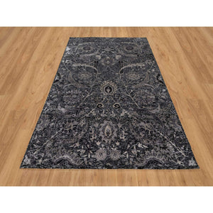 6'x8'10" Obsidian Black, Wool and Silk, Hand Knotted, Sickle Leaf Design, Soft Pile, Lush and Plush, Oriental Rug FWR546966