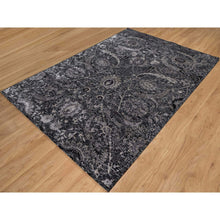 Load image into Gallery viewer, 6&#39;x8&#39;10&quot; Obsidian Black, Wool and Silk, Hand Knotted, Sickle Leaf Design, Soft Pile, Lush and Plush, Oriental Rug FWR546966