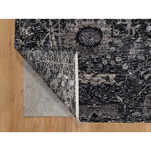 6'x8'10" Obsidian Black, Wool and Silk, Hand Knotted, Sickle Leaf Design, Soft Pile, Lush and Plush, Oriental Rug FWR546966