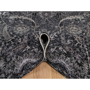6'x8'10" Obsidian Black, Wool and Silk, Hand Knotted, Sickle Leaf Design, Soft Pile, Lush and Plush, Oriental Rug FWR546966