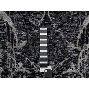 6'x8'10" Obsidian Black, Wool and Silk, Hand Knotted, Sickle Leaf Design, Soft Pile, Lush and Plush, Oriental Rug FWR546966