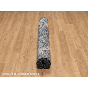 6'x8'10" Obsidian Black, Wool and Silk, Hand Knotted, Sickle Leaf Design, Soft Pile, Lush and Plush, Oriental Rug FWR546966