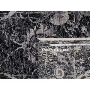6'x8'10" Obsidian Black, Wool And Silk, Hand Knotted, Sickle Leaf Design, Soft Pile, Lush And Plush, Oriental Rug FWR546966