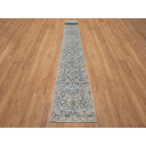 2'7"x25'9" Daisy White, Soft Pile, Sickle Leaf Design, Silk with Textured Wool, Hand Knotted, XL Runner, Oriental Rug FWR546972