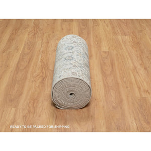 2'7"x25'9" Daisy White, Soft Pile, Sickle Leaf Design, Silk with Textured Wool, Hand Knotted, XL Runner, Oriental Rug FWR546972