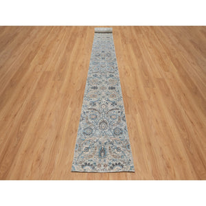 2'6"x27'9" Powder White, Sickle Leaf Design, Soft Pile, Silk With Textured Wool, Hand Knotted, Xl Runner, Oriental Rug FWR546978