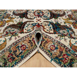 8'1"x10'1" Seashell White with Pop Of Colors, Broken Persian Design, Hand Knotted, Wool and Pure Silk, Soft to the Touch, Oriental Rug FWR546984