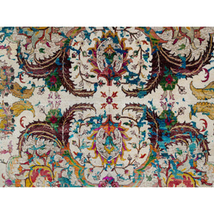 8'1"x10'1" Seashell White with Pop Of Colors, Broken Persian Design, Hand Knotted, Wool and Pure Silk, Soft to the Touch, Oriental Rug FWR546984