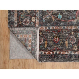 7'9"x10'2" Coffee Brown, Hand Knotted, Striae Pattern, Persian Scrolls Leaf And Flower Design, Textured Wool And Silk, Oriental Rug FWR546996