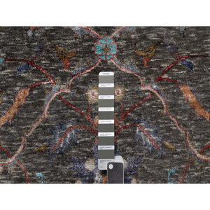 7'9"x10'2" Coffee Brown, Hand Knotted, Striae Pattern, Persian Scrolls Leaf And Flower Design, Textured Wool And Silk, Oriental Rug FWR546996