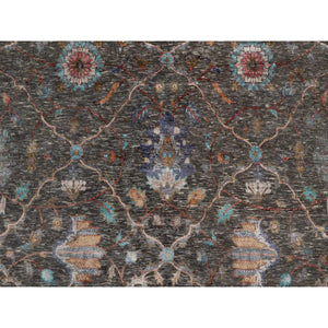 7'9"x10'2" Coffee Brown, Hand Knotted, Striae Pattern, Persian Scrolls Leaf And Flower Design, Textured Wool And Silk, Oriental Rug FWR546996