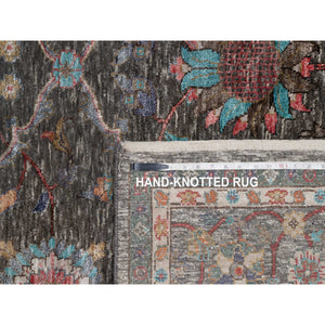 7'9"x10'2" Coffee Brown, Hand Knotted, Striae Pattern, Persian Scrolls Leaf And Flower Design, Textured Wool And Silk, Oriental Rug FWR546996