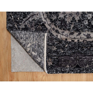 8'8"x11'10" Onyx Black, Soft Pile, Sickle Leaf Design, Lush and Plush, Hand Knotted, Wool and Silk, Oriental Rug FWR547002