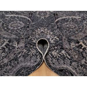 8'8"x11'10" Onyx Black, Soft Pile, Sickle Leaf Design, Lush and Plush, Hand Knotted, Wool and Silk, Oriental Rug FWR547002