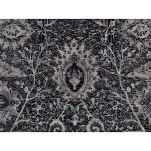 8'8"x11'10" Onyx Black, Soft Pile, Sickle Leaf Design, Lush and Plush, Hand Knotted, Wool and Silk, Oriental Rug FWR547002