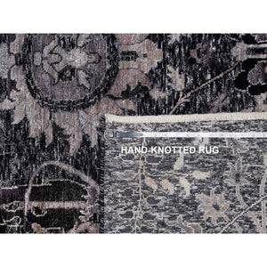8'8"x11'10" Onyx Black, Soft Pile, Sickle Leaf Design, Lush and Plush, Hand Knotted, Wool and Silk, Oriental Rug FWR547002
