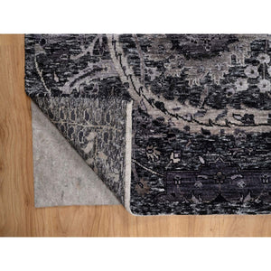 8'1"x10' Phantom Black, Lush and Plush, Hand Knotted, Sickle Leaf Design, Soft Pile, Wool and Silk, Oriental Rug FWR547014
