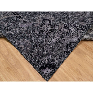 8'1"x10' Phantom Black, Lush and Plush, Hand Knotted, Sickle Leaf Design, Soft Pile, Wool and Silk, Oriental Rug FWR547014