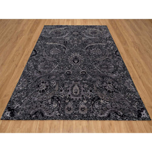 8'x10' Jade Black, Wool and Silk, Sickle Leaf Design, Soft Pile, Lush and Plush, Hand Knotted, Oriental Rug FWR547020