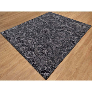 8'x10' Jade Black, Wool and Silk, Sickle Leaf Design, Soft Pile, Lush and Plush, Hand Knotted, Oriental Rug FWR547020