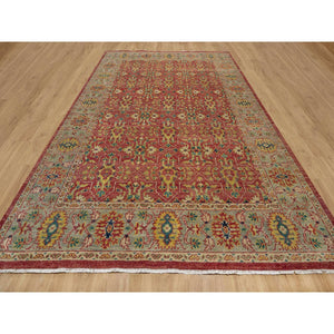 10'x14'2" Scarlet Red, Antiqued Oushak Reimagined, Sheared Low, Pure Wool, Hand Knotted, Repetitive Star and Rosette Design, Oriental Rug FWR547044