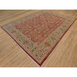 10'x14'2" Scarlet Red, Antiqued Oushak Reimagined, Sheared Low, Pure Wool, Hand Knotted, Repetitive Star and Rosette Design, Oriental Rug FWR547044
