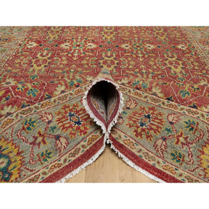 10'x14'2" Scarlet Red, Antiqued Oushak Reimagined, Sheared Low, Pure Wool, Hand Knotted, Repetitive Star and Rosette Design, Oriental Rug FWR547044