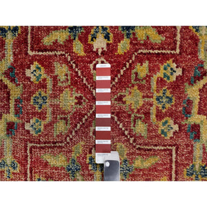 10'x14'2" Scarlet Red, Antiqued Oushak Reimagined, Sheared Low, Pure Wool, Hand Knotted, Repetitive Star and Rosette Design, Oriental Rug FWR547044