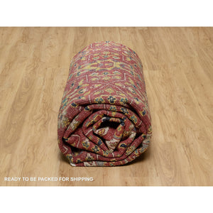 10'x14'2" Scarlet Red, Antiqued Oushak Reimagined, Sheared Low, Pure Wool, Hand Knotted, Repetitive Star And Rosette Design, Oriental Rug FWR547044