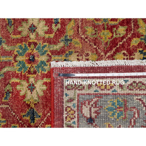10'x14'2" Scarlet Red, Antiqued Oushak Reimagined, Sheared Low, Pure Wool, Hand Knotted, Repetitive Star and Rosette Design, Oriental Rug FWR547044