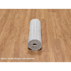 2'6"x8' Frost White, Plain Modern Striae Design, Hand Loomed, Soft Pile, Natural Wool, Runner, Oriental Rug FWR547068