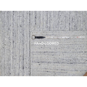 2'6"x8' Frost White, Plain Modern Striae Design, Hand Loomed, Soft Pile, Natural Wool, Runner, Oriental Rug FWR547068
