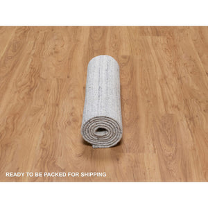 2'6"x8' Lily White, Soft Pile, Plain Modern Striae Design, Hand Loomed, Pure Wool, Runner, Oriental Rug FWR547086